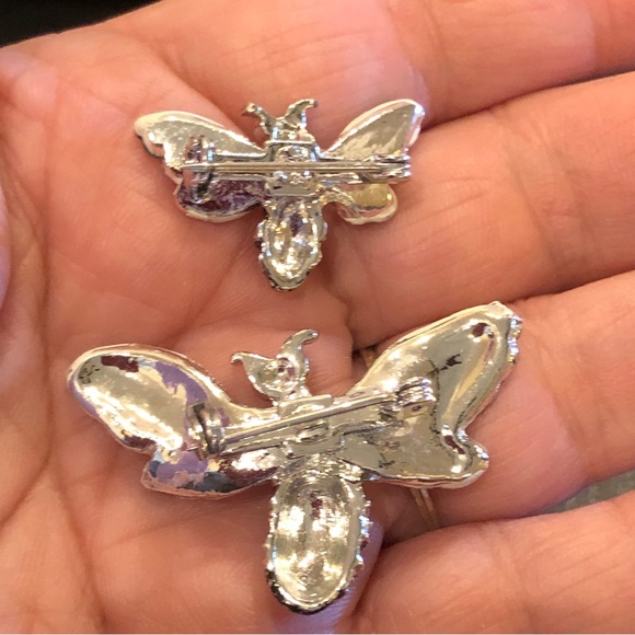 Vintage bees / wasps pins brooch set of 2, silver & teal.  Mom and baby - Picture 9 of 9